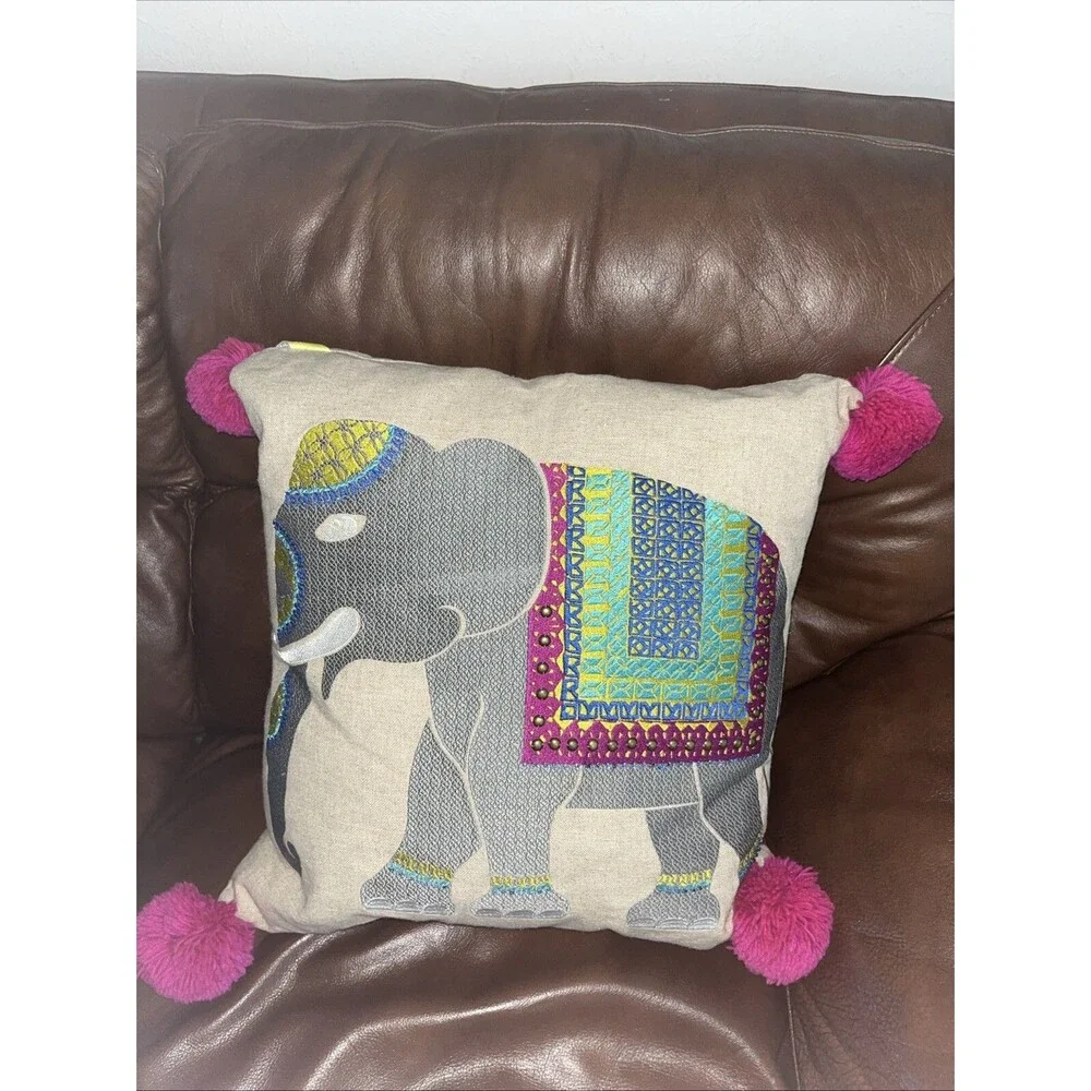 Trina Turk Elephant Embroidered Pom Pillow Square 20X20 Linen/ Cotton India